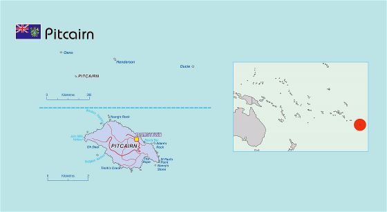 Большая политическая карта островов Питкэрн с дорогами и городами
