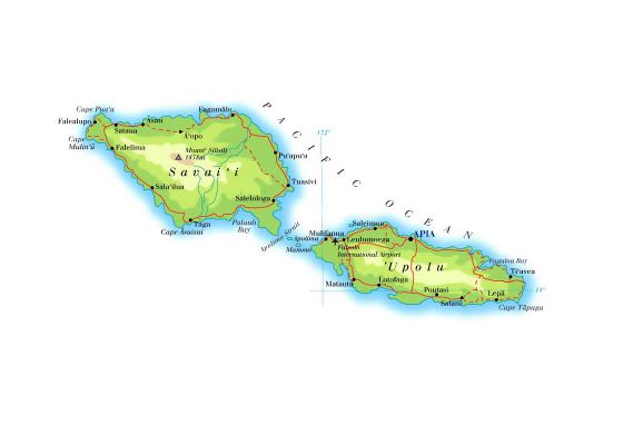 Детальная карта высот Самоа с дорогами, городами и аэропортами