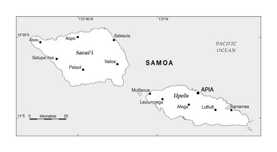 Подробная карта Самоа с крупными городами