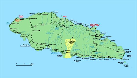 Детальная карта острова Уполу, Самоа с дорогами, городами и другими пометками