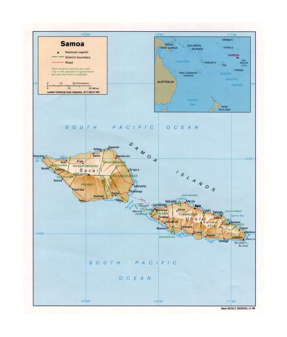 Детальная политическая и административная карта Самоа с рельефом, дорогами и городами - 1998