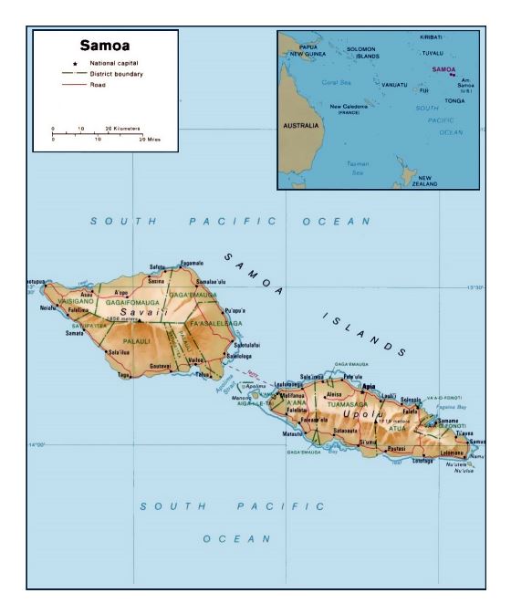 Подробная политическая и административная карта Самоа с рельефом, дорогами и городами
