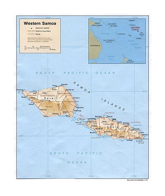 Детальная политическая и административная карта Западного Самоа с рельефом, дорогами и городами - 1990