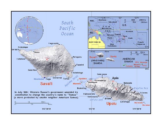 Детальная политическая карта Самоа с рельефом