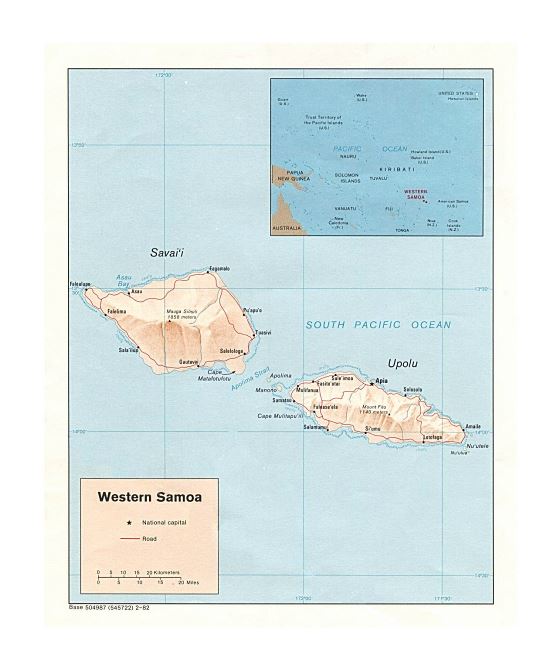 Подробная политическая карта Западного Самоа с рельефом, дорогами и городами - 1982