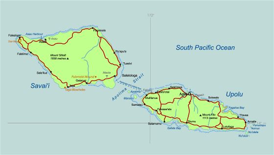 Большая детальная карта Самоа с дорогами, городами, аэропортами и портами
