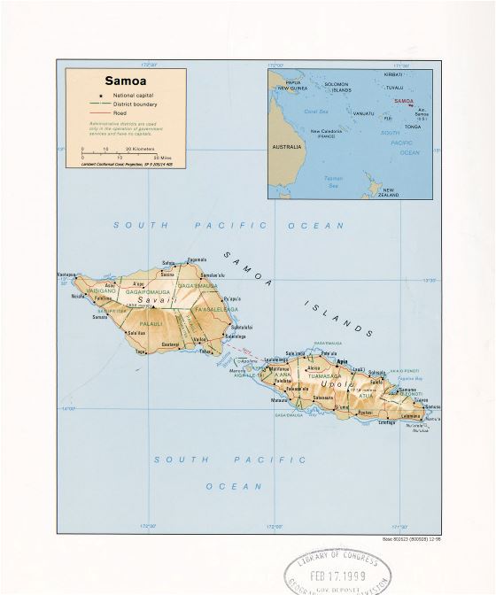 Большая детальная политическая и административная карта Самоа с рельефом, дорогами и городами - 1998