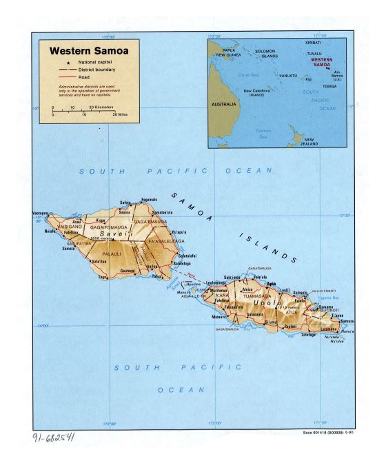 Большая подробная политическая и административная карта Западного Самоа с рельефом, дорогами и городами - 1990