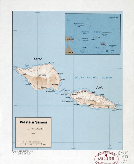 Большая детальная политическая карта Западного Самоа с рельефом, дорогами и городами - 1982