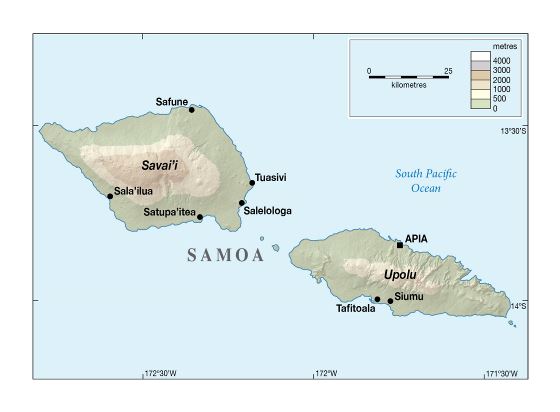 Большая карта высот Самоа с городами