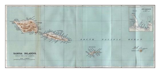 Большая старая карта островов Самоа с рельефом и другими пометками - 1889