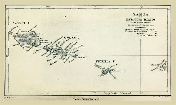 Большая старая карта Самоа с рельефом - 1884