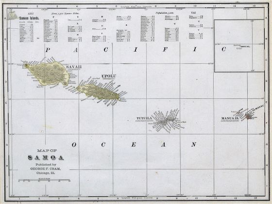 Большая старая карта Самоа с рельефом - 1896