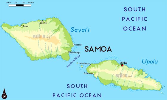 Большая физическая карта Самоа с крупными городами