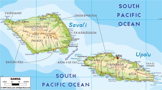 Большая физическая карта Самоа с дорогами, городами и аэропортами