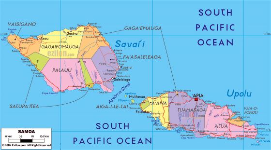 Большая политическая и административная карта Самоа с дорогами, городами и аэропортами
