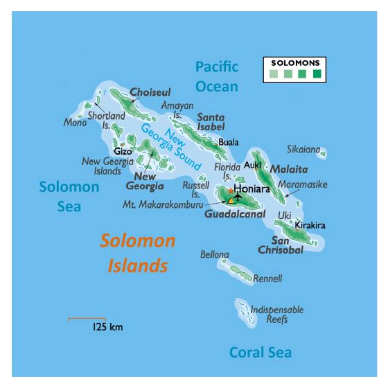 Детальная карта высот Соломоновых островов с другими пометками