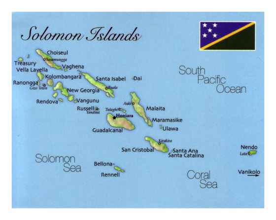 Подробная карта Соломоновых островов с флагом