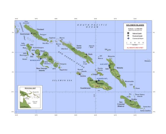 Детальная карта Соломоновых островов с рельефом, крупными городами и аэропортами