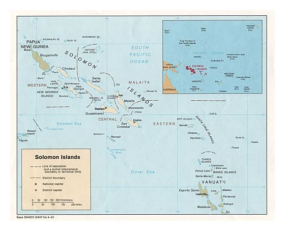 Подробная политическая и административная карта Соломоновых островов с крупными городами - 1981
