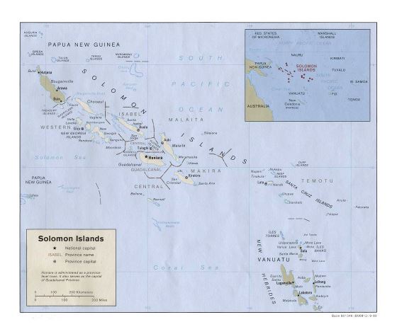 Детальная политическая и административная карта Соломоновых островов с крупными городами - 1989