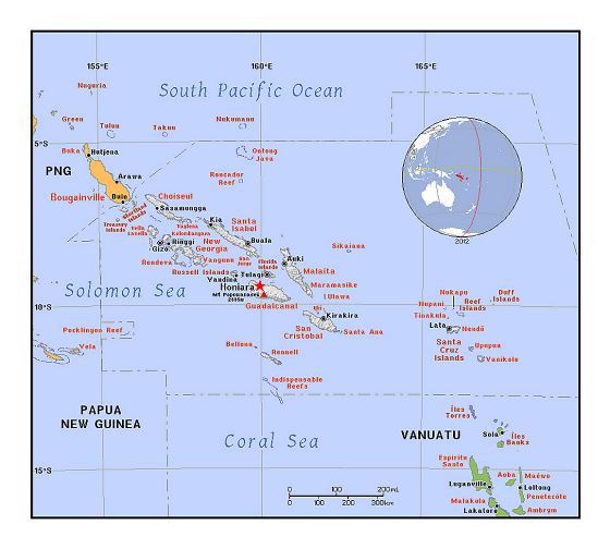 Детальная политическая карта Соломоновых островов с рельефом