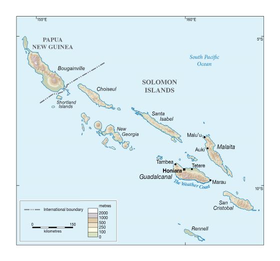 Большая детальная карта высот Соломоновых островов