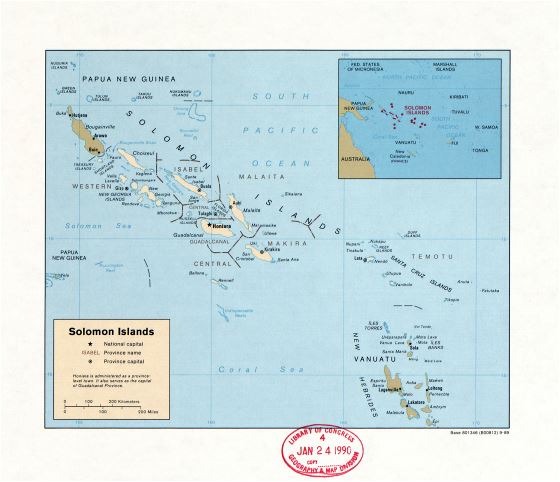 Большая подробная политическая и административная карта Соломоновых Островов с крупными городами - 1989