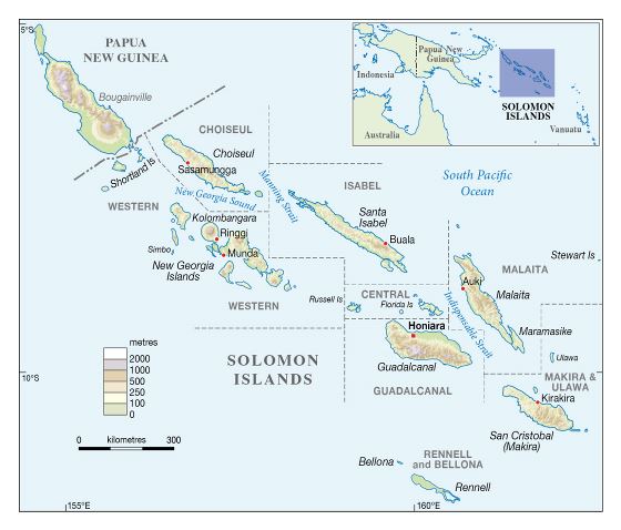 Большая карта высот Соломоновых островов с крупными городами
