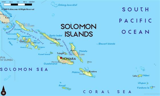 Большая физическая карта Соломоновых островов с крупными городами