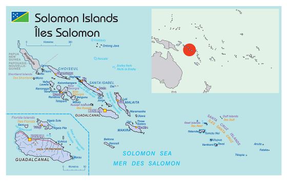 Большая политическая карта Соломоновых островов с городами и аэропортами