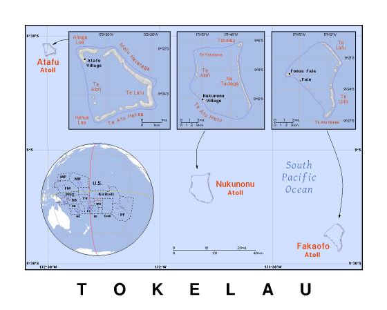 Детальная политическая карта Токелау с рельефом
