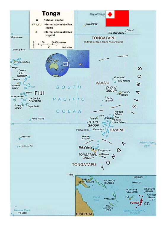 Детальная политическая карта Тонга с названиями островов