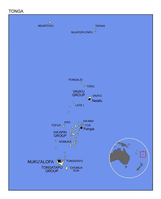 Подробная политическая карта Тонга с картой расположения