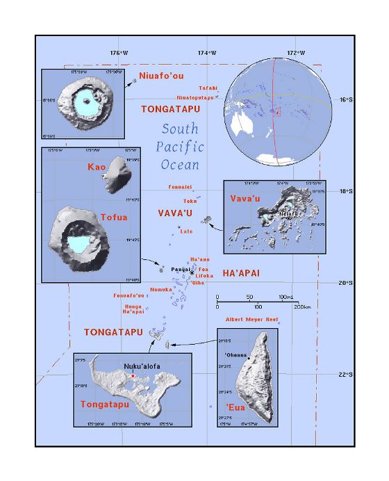 Детальная политическая карта Тонги с рельефом