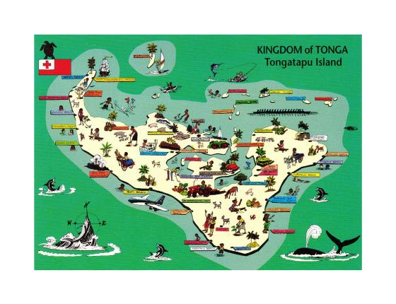 Детальная туристическая иллюстрированная карта острова Тонгатапу, Тонга