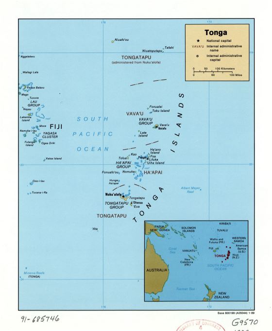 Большая подробная политическая и административная карта Тонги с названиями крупных городов и островов - 1989