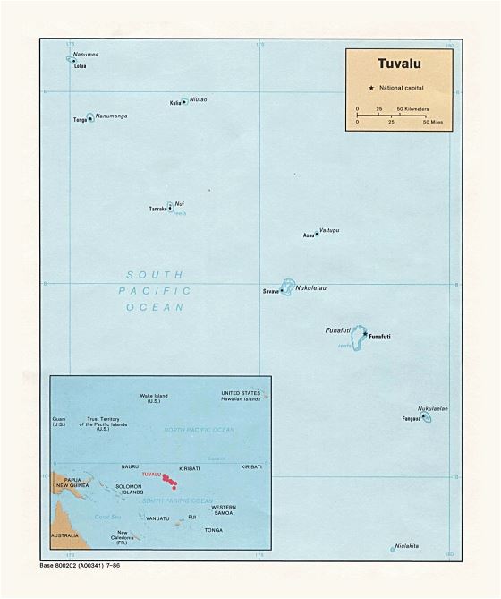 Детальная политическая карта Тувалу с названиями городов и островов - 1986