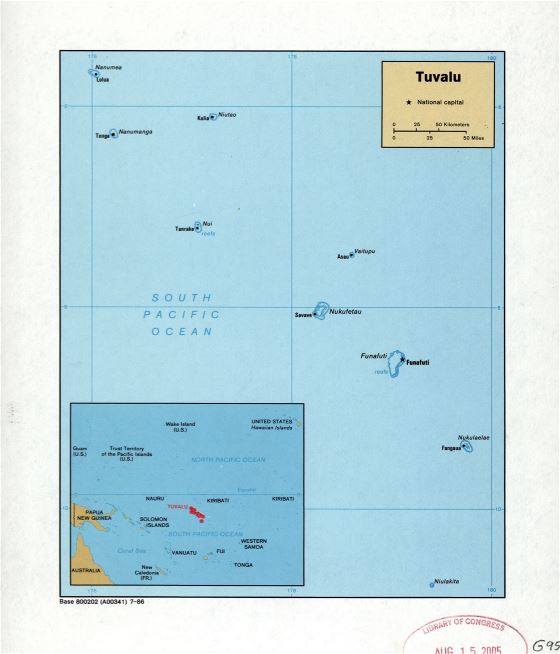 Большая детальная политическая карта Тувалу с названиями городов и островов - 1986