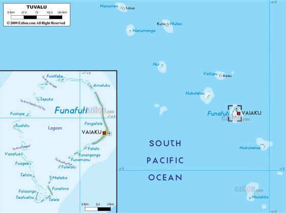 Большая физическая карта Тувалу с городами и аэропортом