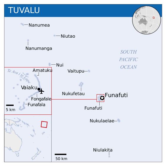 Большая политическая карта Тувалу с названиями островов и аэропорта