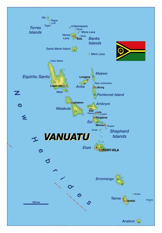 Детальная карта высот Вануату с крупными городами и аэропортами