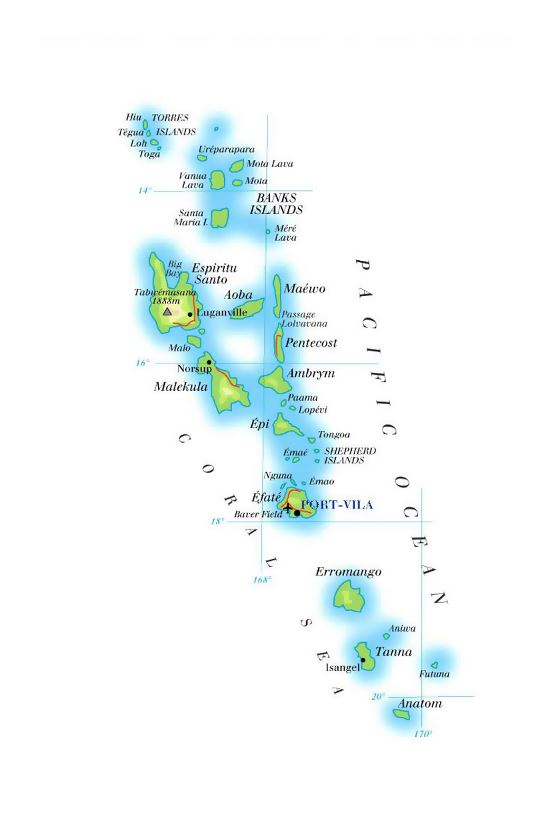 Детальная карта высот Вануату с дорогами, крупными городами и аэропортами
