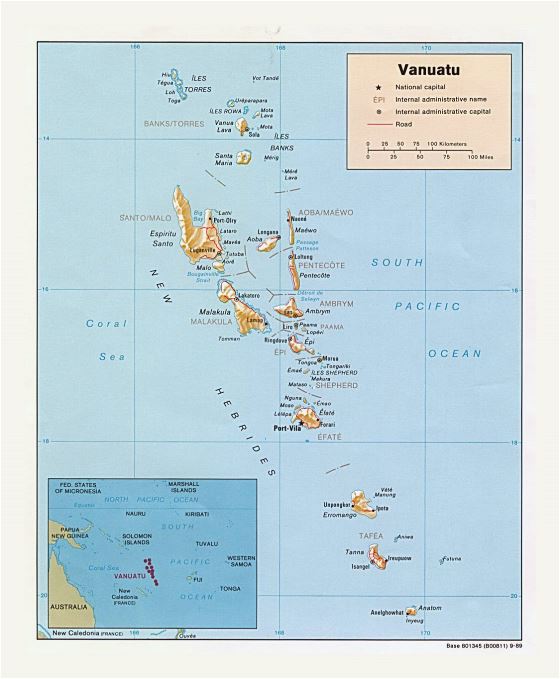 Детальная политическая и административная карта Вануату с рельефом, дорогами и городами - 1989