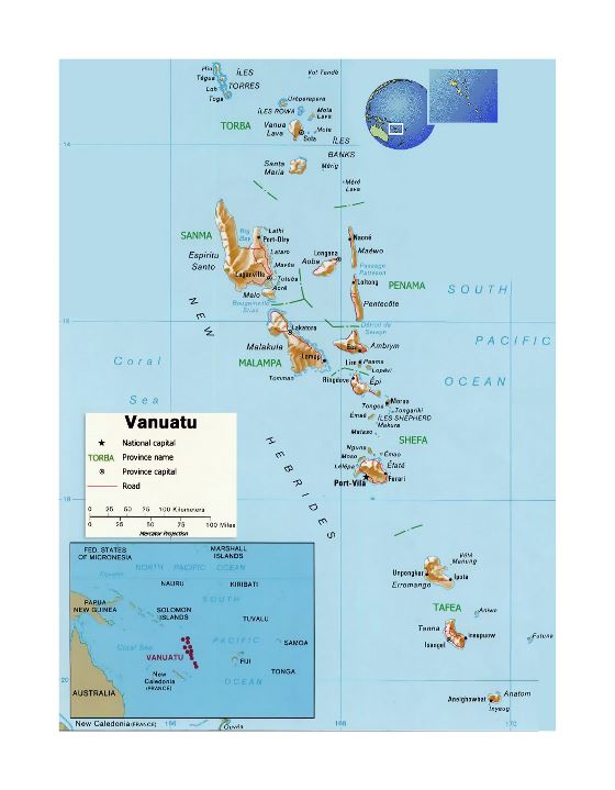 Подробная политическая и административная карта Вануату с рельефом, дорогами и городами