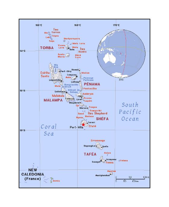 Подробная политическая карта Вануату с рельефом