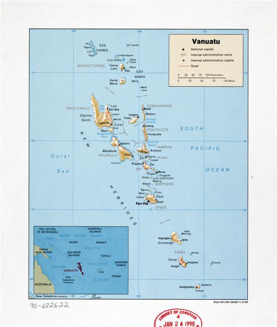 Большая детальная политическая и административная карта Вануату с рельефом, дорогами, городами и названиями островов - 1989
