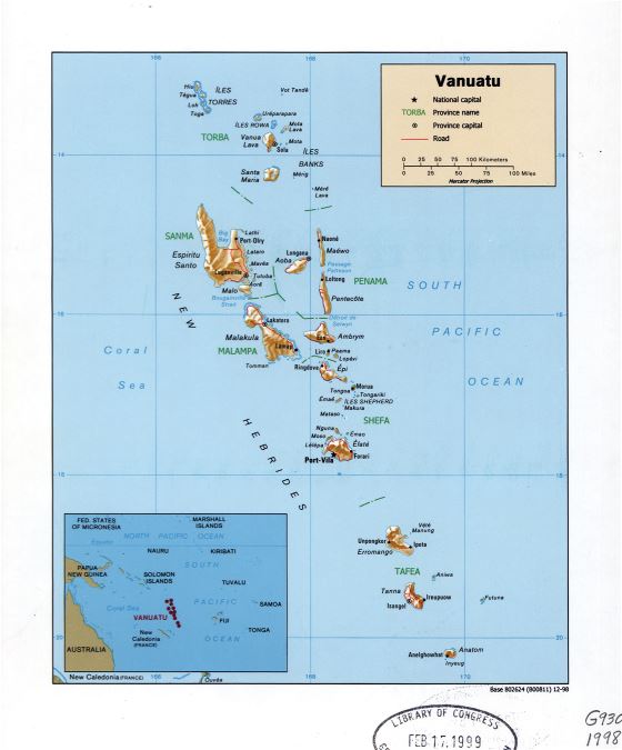 Большая детальная политическая и административная карта Вануату с рельефом, дорогами, городами и названиями островов - 1998