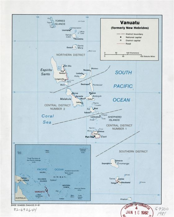 Большая детальная политическая и административная карта Вануату с названиями дорог, городов и островов - 1981