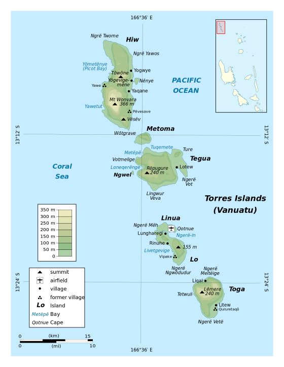 Большая карта высот островов Торрес, Вануату с другими пометками